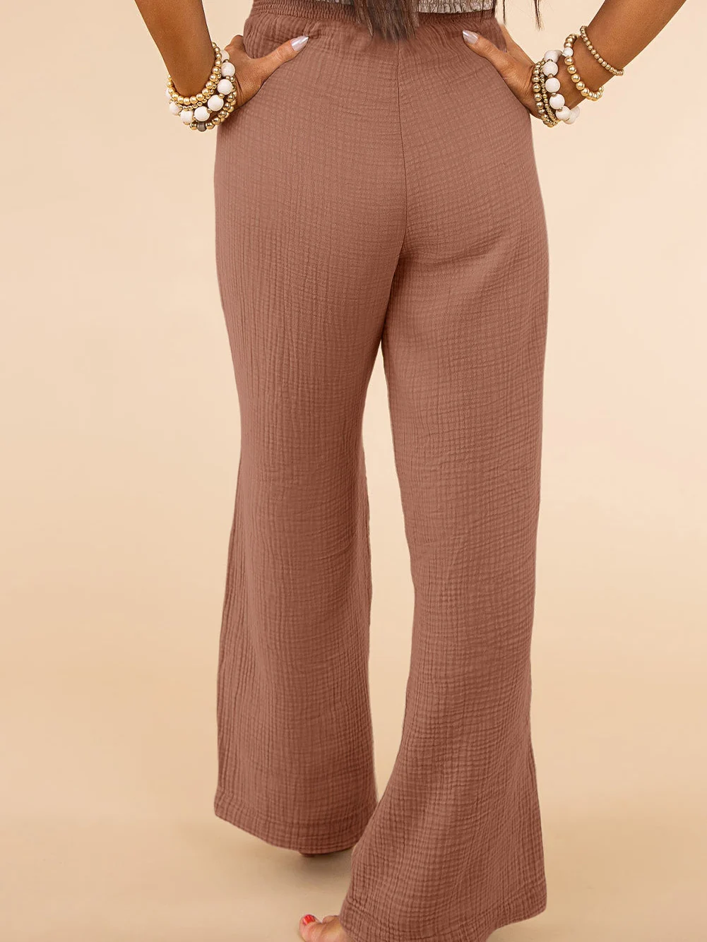 Blush Pink Wide Leg Plus Size Trousers with Textured Finish