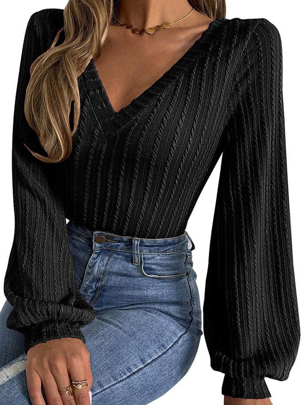 Slim Fit V-Neck Lantern Sleeve Sweater For Women