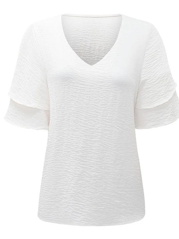 Women'S Loose Fit Solid Color V-Neck Pullover With Ruffle Sleeves