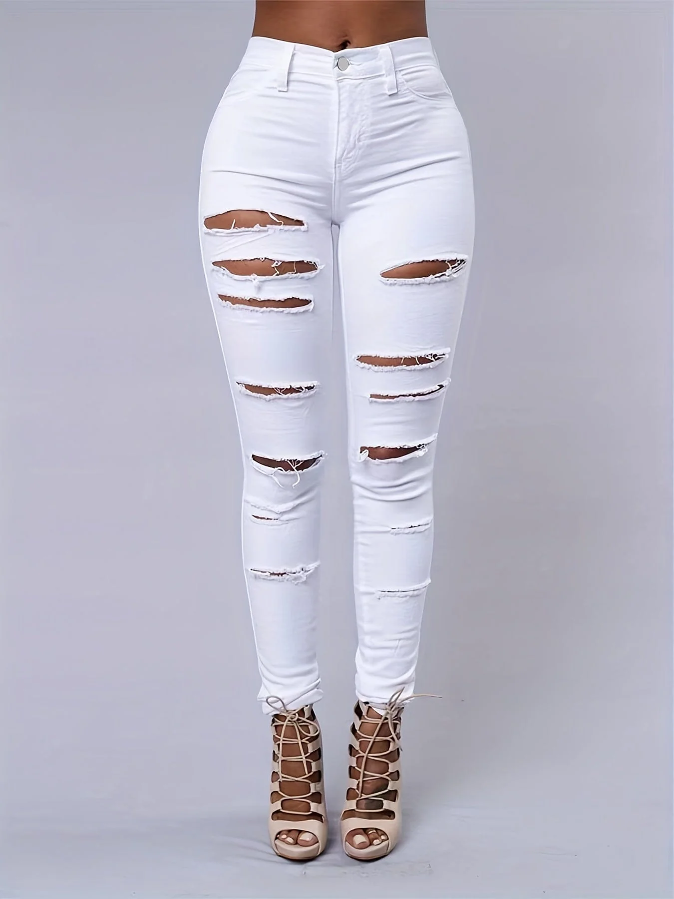 Ripped Mid Waist High-Stretch Skinny Retro Denim Jeans