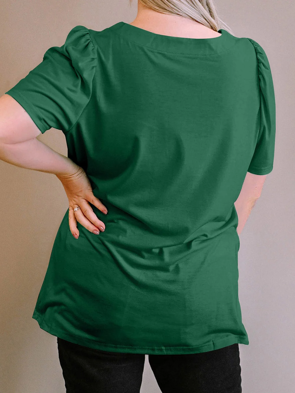 Ruched Shoulder Green Square Neck Plus Size Top