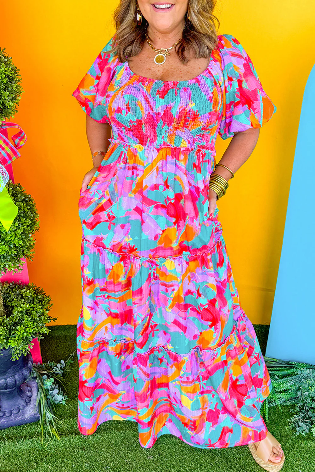 Multicolour Plus Size Floral Smocked Puff Sleeve Maxi Dress