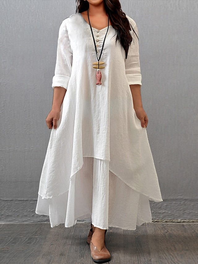 Women's Plus Size Casual Dress Swing Dress Solid Color Long Dress Maxi Dress Long Sleeve Button Fake Two Piece V Neck