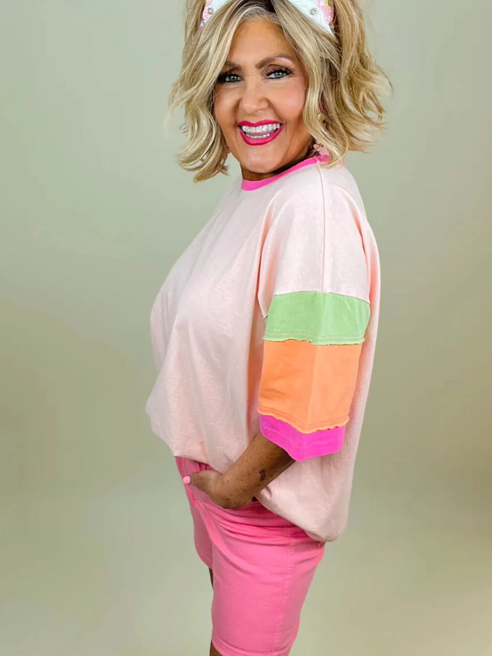 Sweet Pink Color Block Plus Size Tee with Half Sleeves