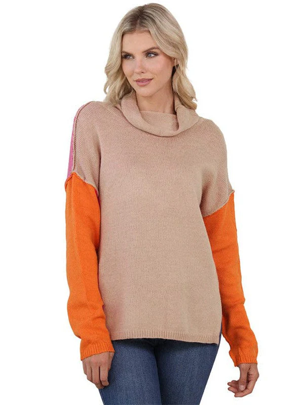 Lazy Turtle Collar Sweater In Contrast Colors For Women