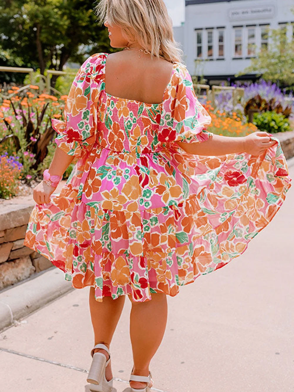 Pink Plus Size Floral Print Smocked Ruffle Tiered Dress