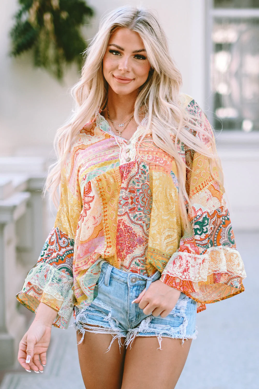 Vintage Map Print V-Neck Long Sleeve Blouse with Casual Flair