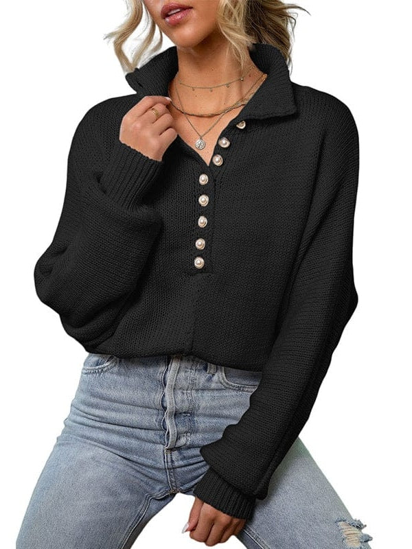 Buttoned Collar Women'S Knit Sweater With Long Sleeves In Solid Color