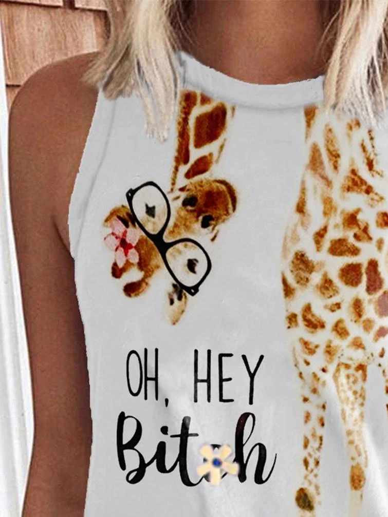 Giraffe Print English Glasses Round Neck Sleeveless Tank Tops