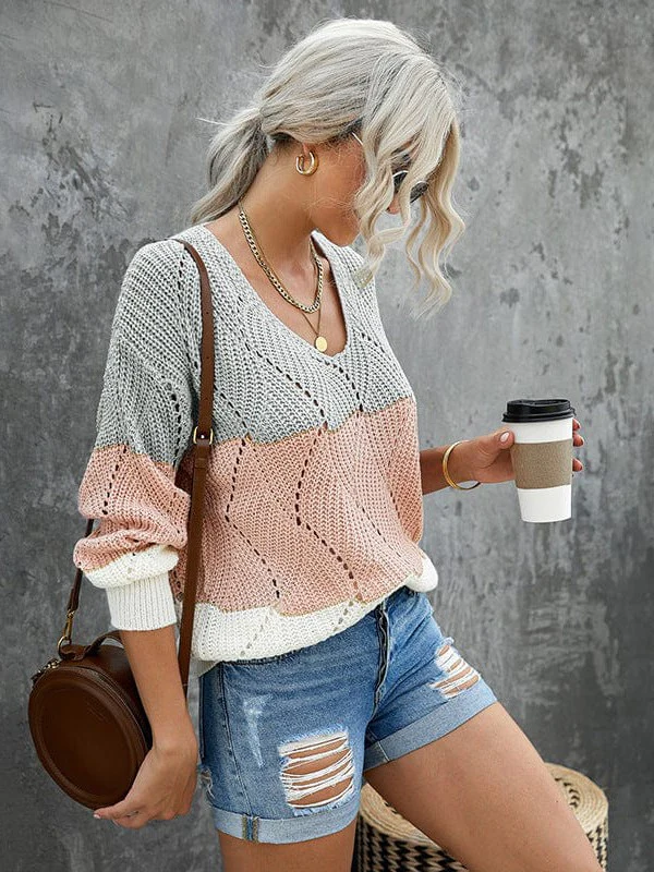 Vibrant V-Neck Striped Women'S Sweater With Loose Fit And Long Sleeves