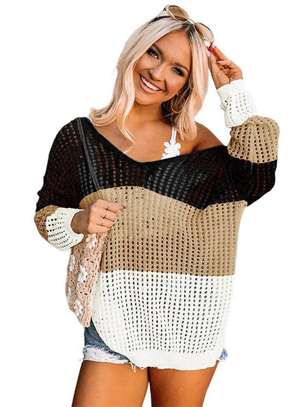 Colorful Twist Backless Knitted Sweater With Hollow Design And Long Sleeves, A Casual Style Top For Women