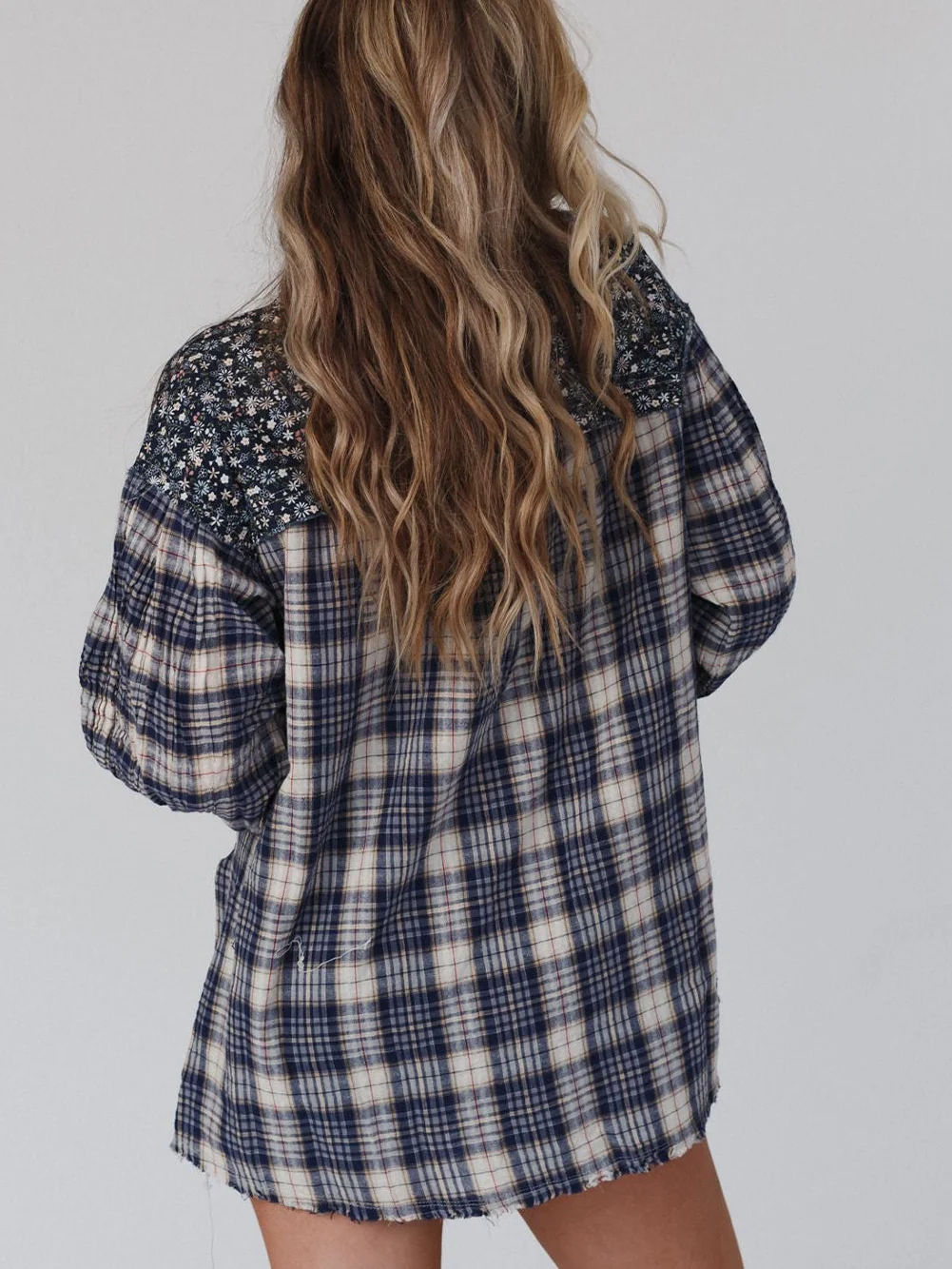 Navy Blue Mixed Print Half Buttons Plus Size Pullover Top