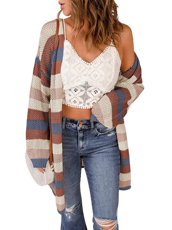 Striped Contrast Color Cardigan Jacket With Long Sleeves For Women