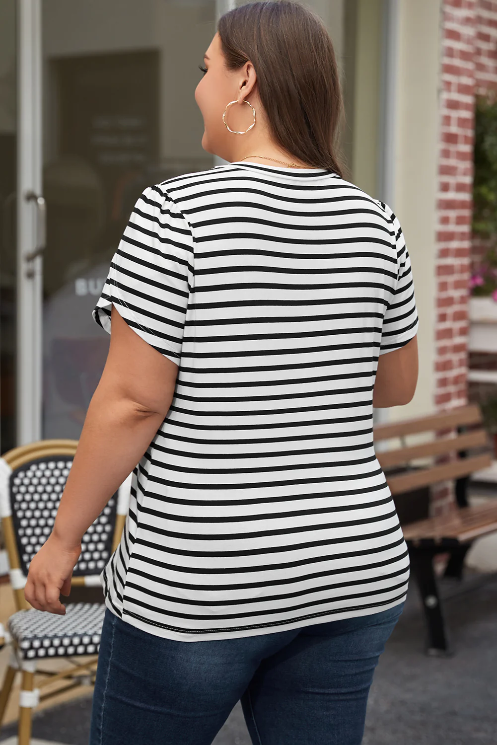 Elegant White Striped V Neck Petal Sleeve Plus Size Tee