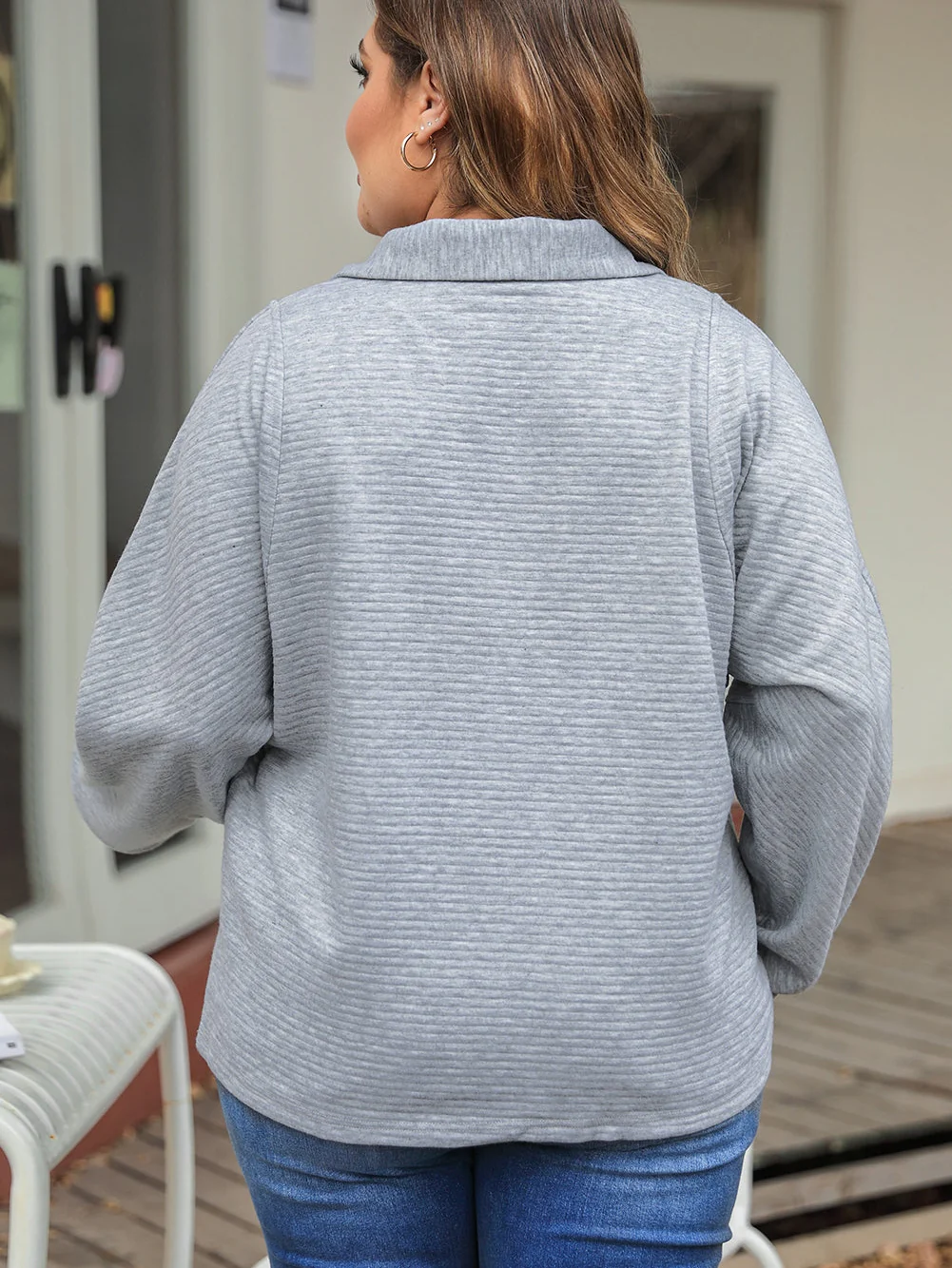 Light Grey Quarter Zipper Collared Ribbed Knit Plus Size Top