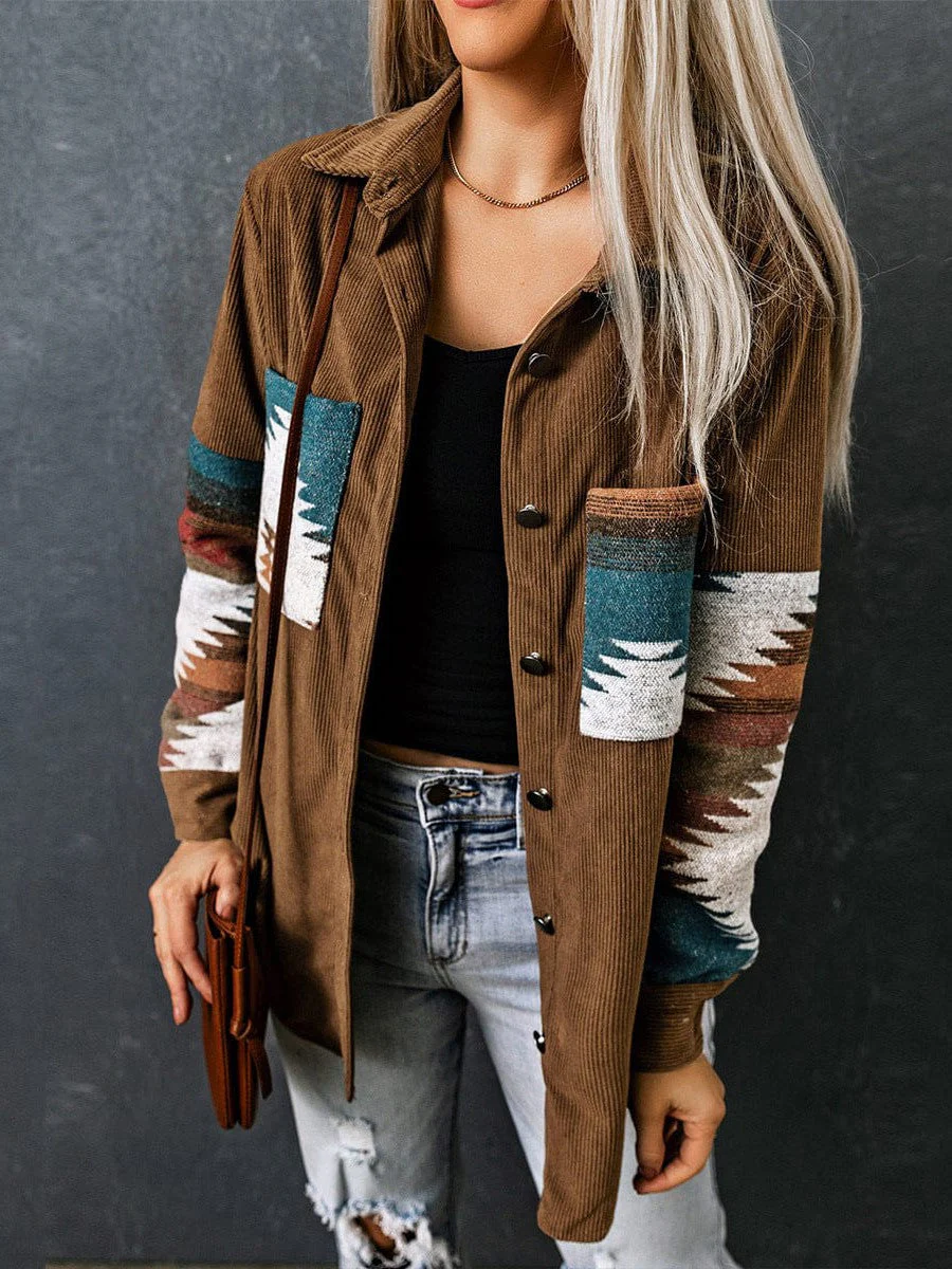 Corduroy Casual Cardigan With Western Print For Women