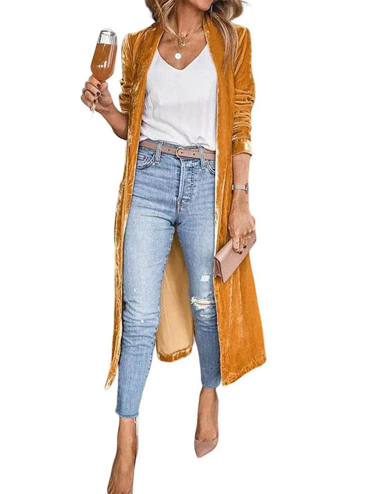 Elegant Long Velvet Cardigan With Patchwork Details For Women