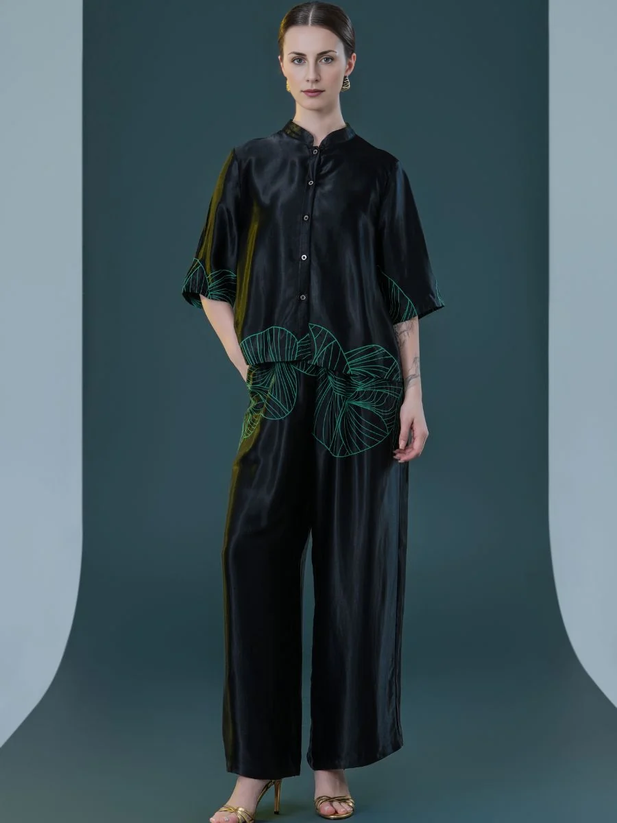 Black Satin Two-Piece Set with Green Leaf Embroidery