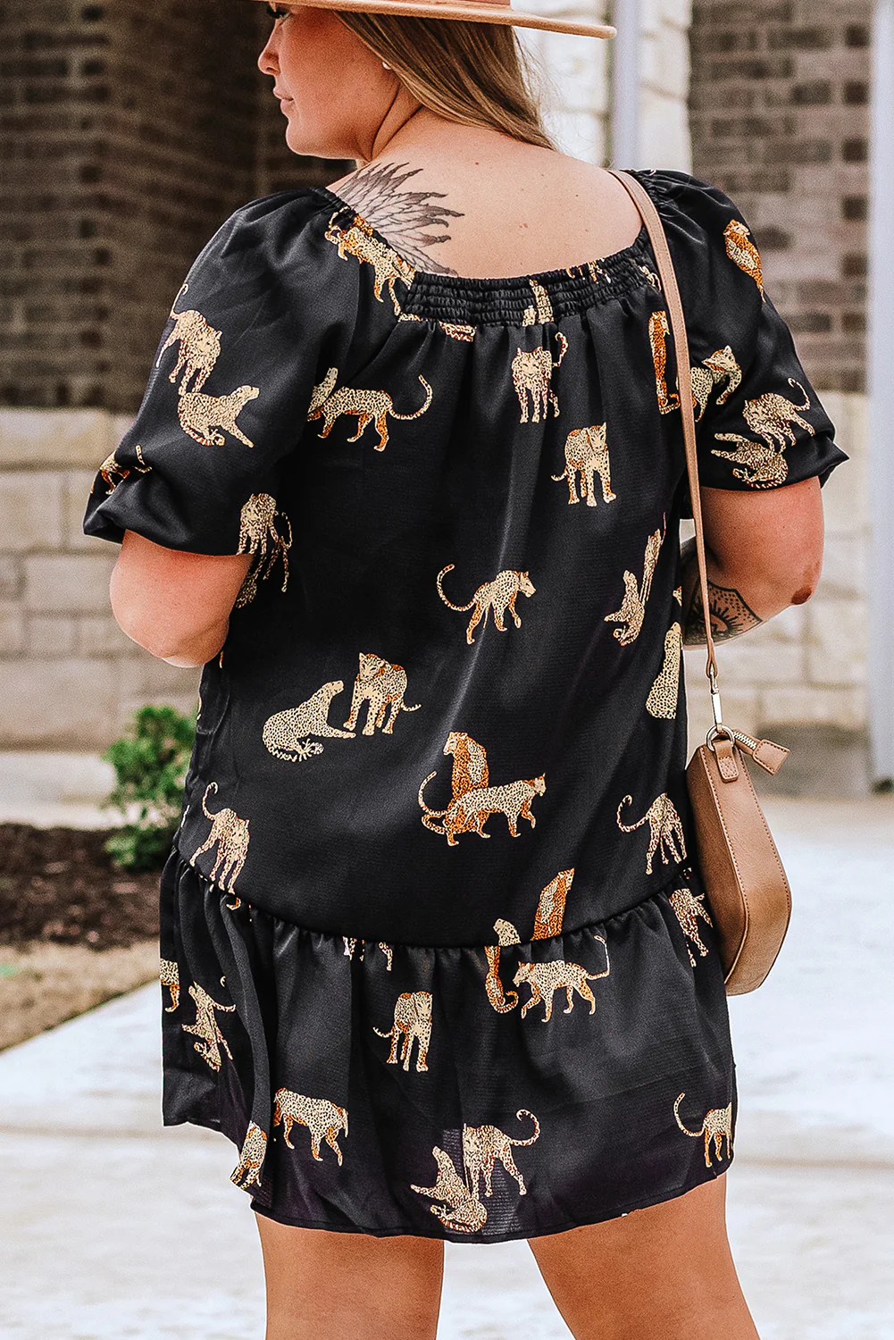 Cheetah Wonderland Plus Size Mini Dress with Puff Sleeve Flair