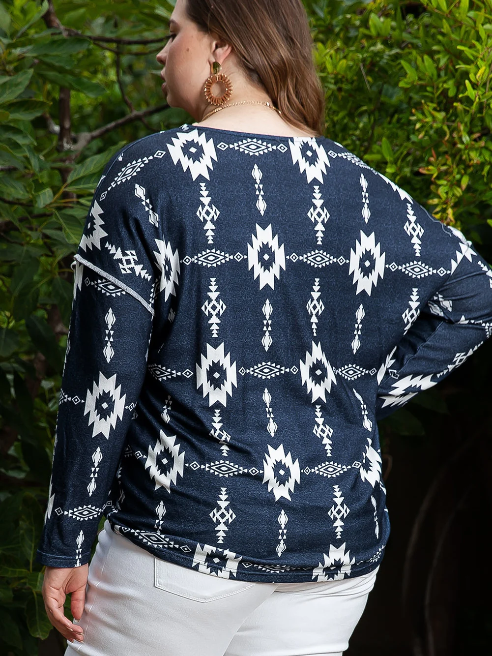 Cozy Grey Aztec Print V-Neck Plus Size Top