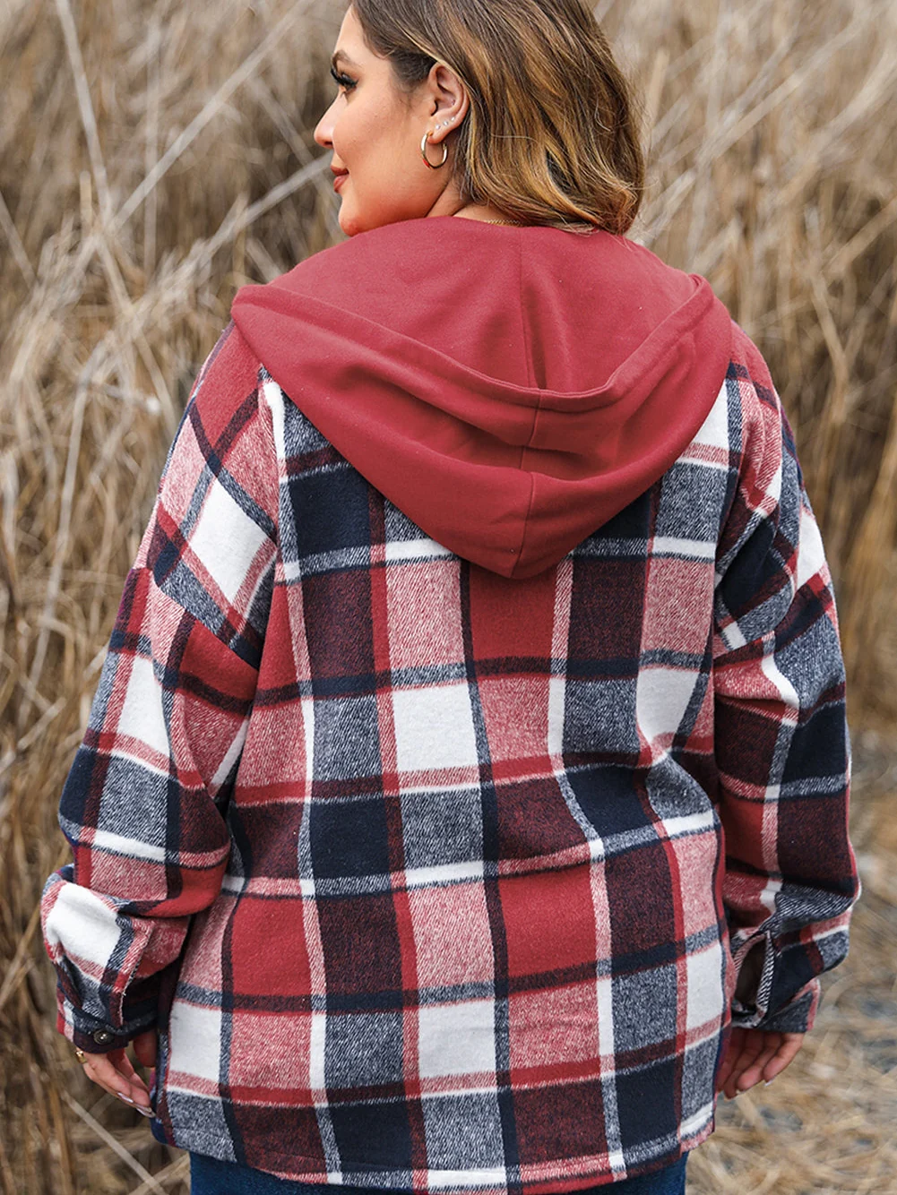 Red Plaid Hooded Jacket for Plus Size Women