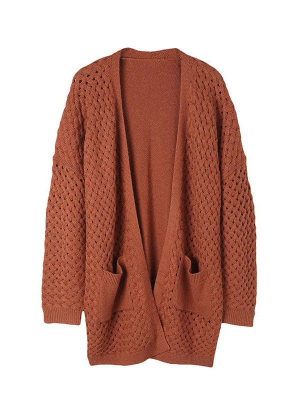 Women'S Comfortable Loose Knit Cardigan Sweater With Hollow Texture And Pockets