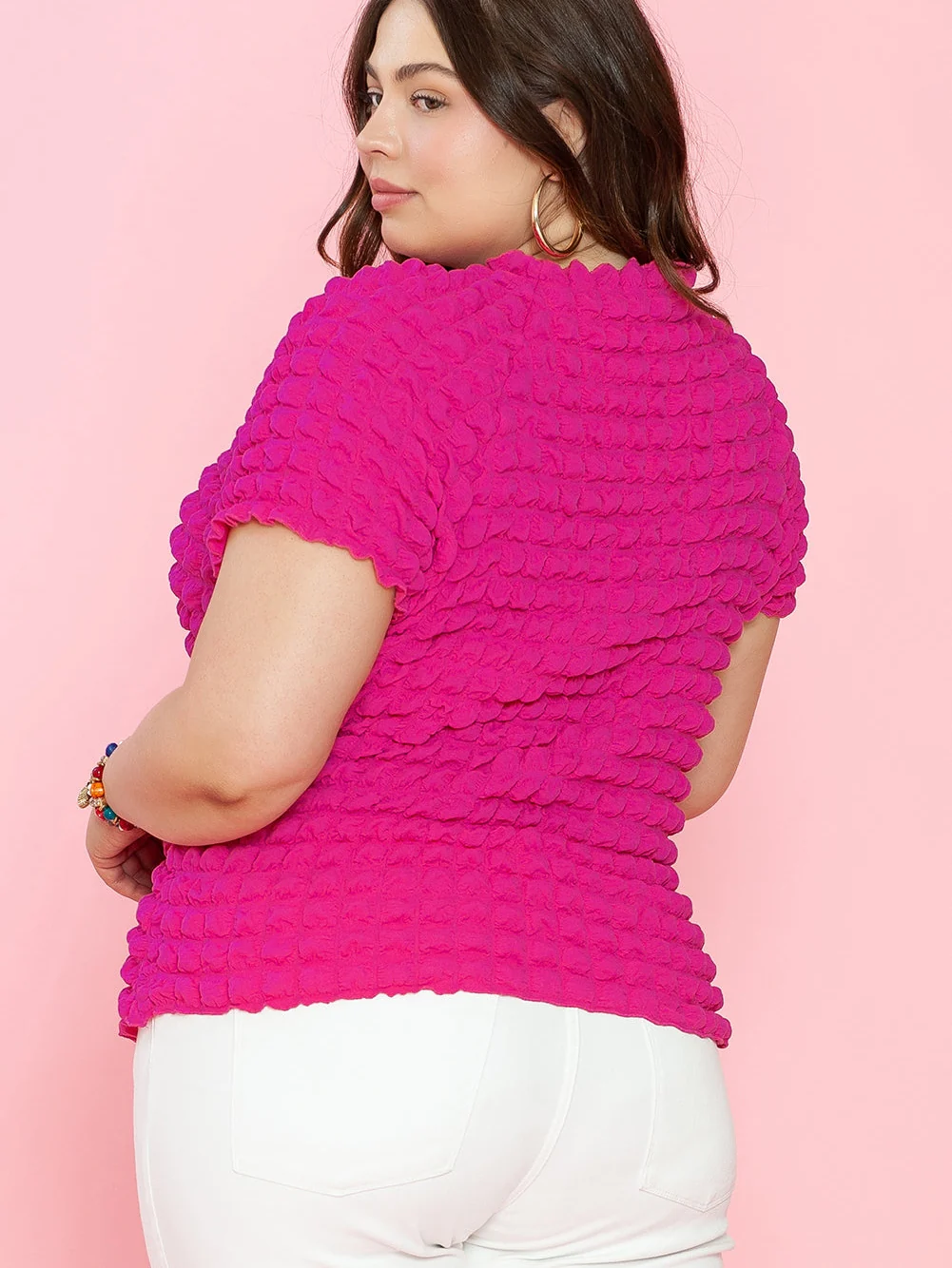 Strawberry Pink Bubble Textured Square Neck Plus Size Top with Short Sleeves