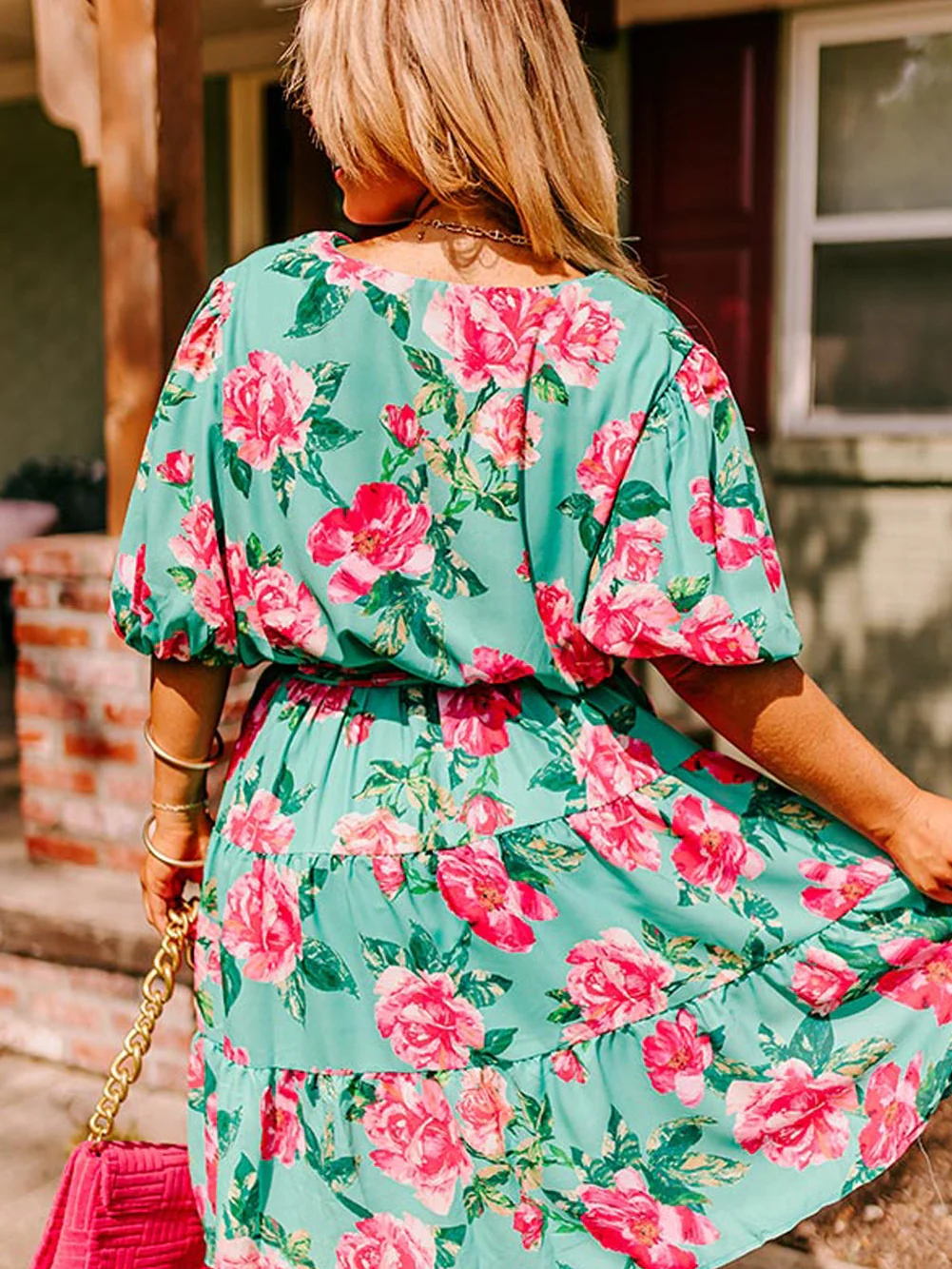 Green Floral Surplice Ruffled A-Line Plus Size Dress