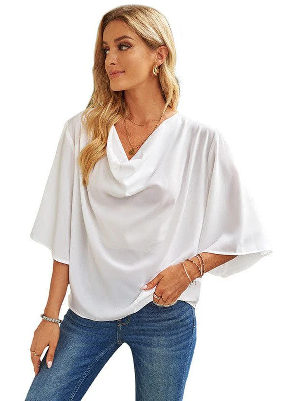 Solid V-Neck Flared Sleeve T-Shirt - Cape - Batwing - Scoop - Jewel - Closed