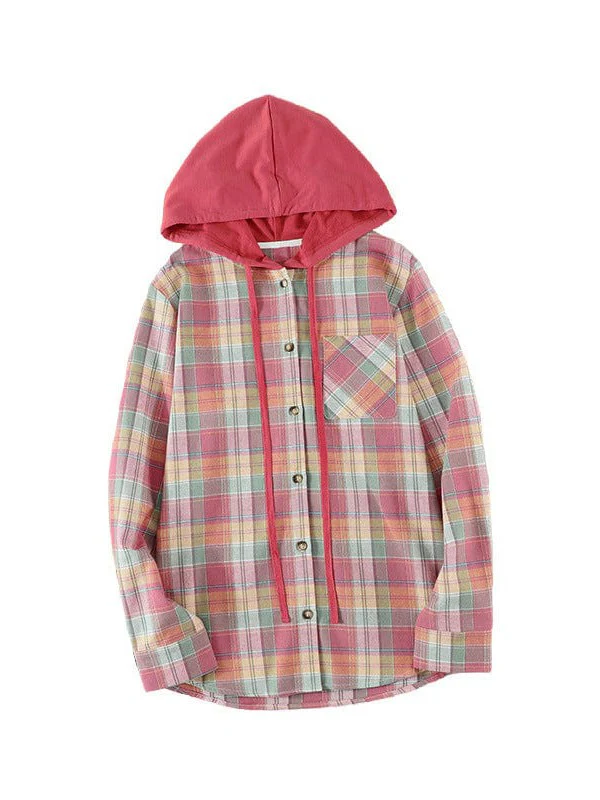 Plaid Snap Button Hooded Cardigan For Women With Long Sleeves