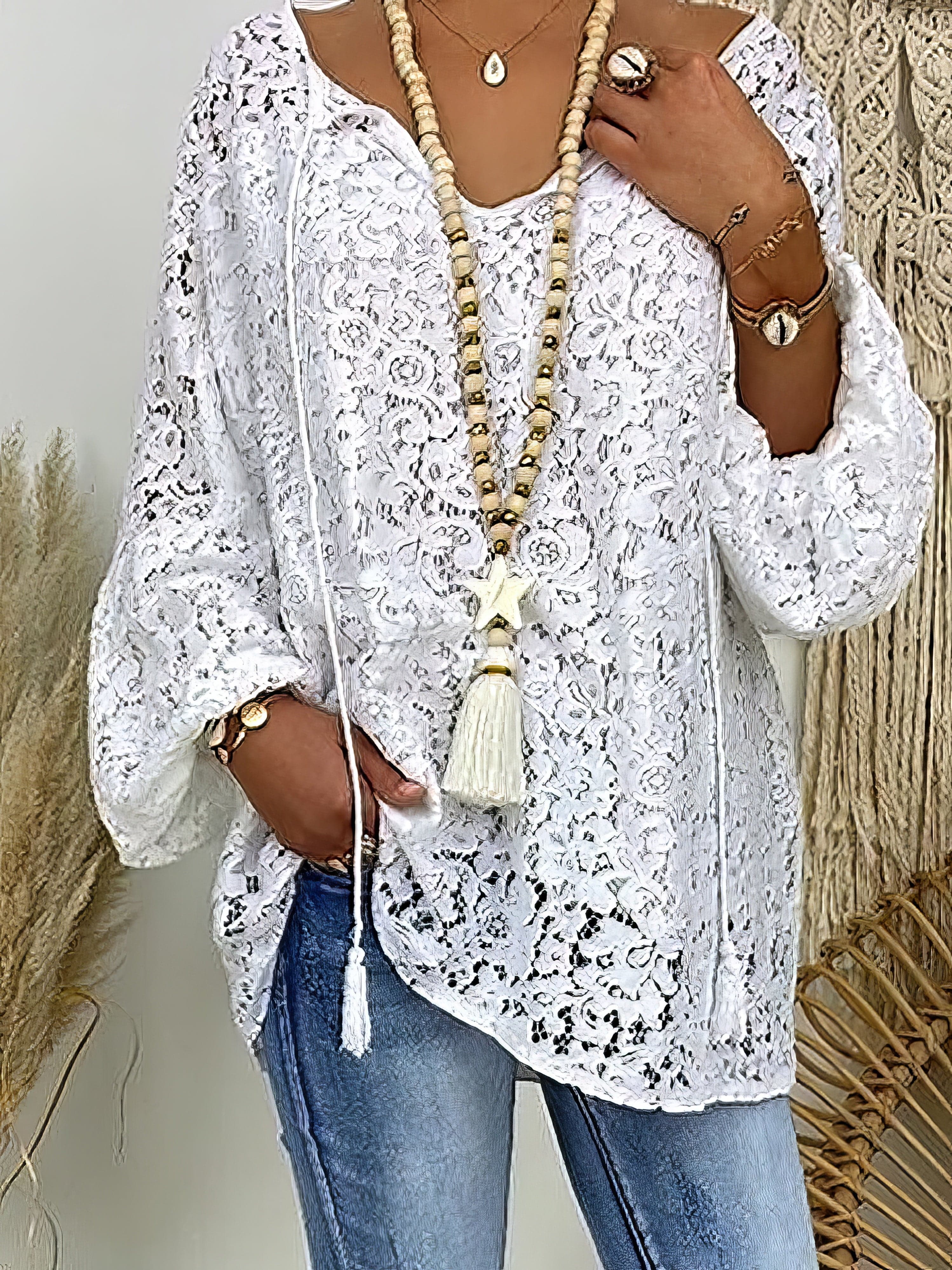 Women's Blouse White Floral Lace Long Sleeve Daily Vacation Streetwear Elegant Casual V Neck Plus Size L