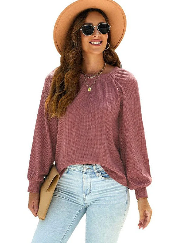 Solid Color Loose Waffle Women'S Pullover With Square Neck And Bottoming Shirt