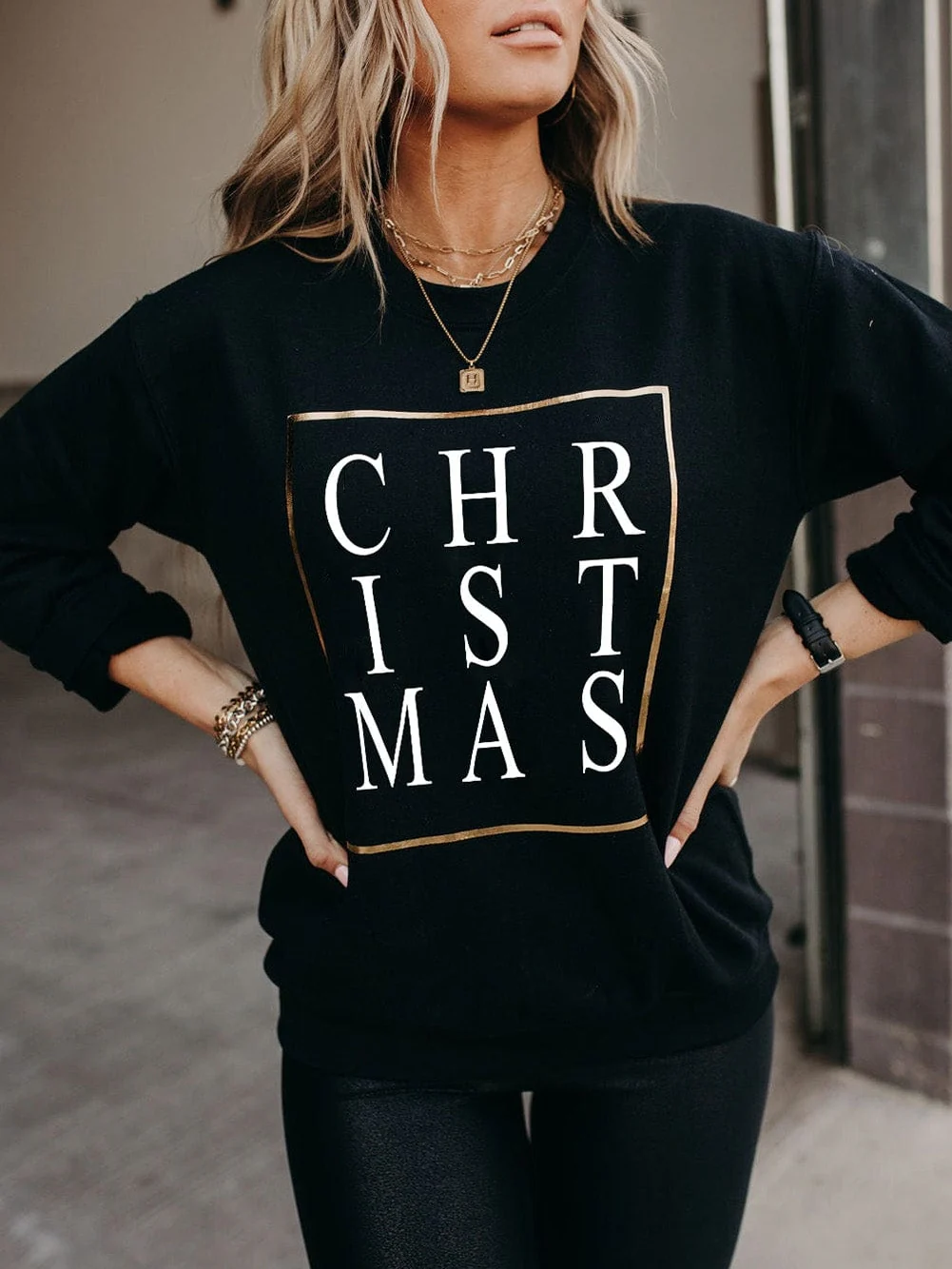 Sparkling Black Christmas Letter Print Sweater