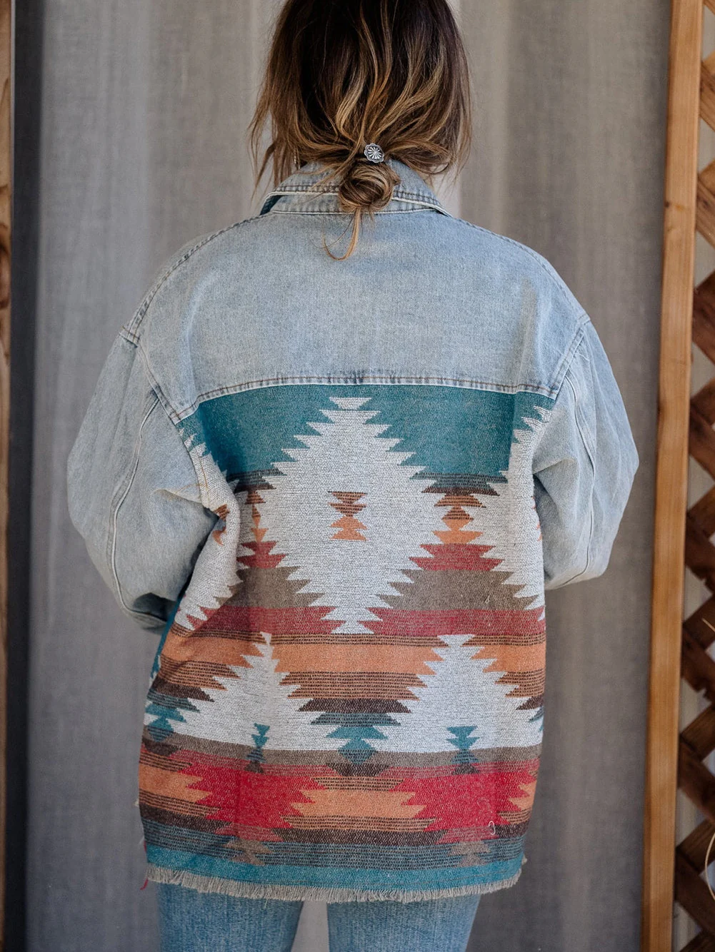 Sky Blue Denim Aztec Print Plus Size Shacket