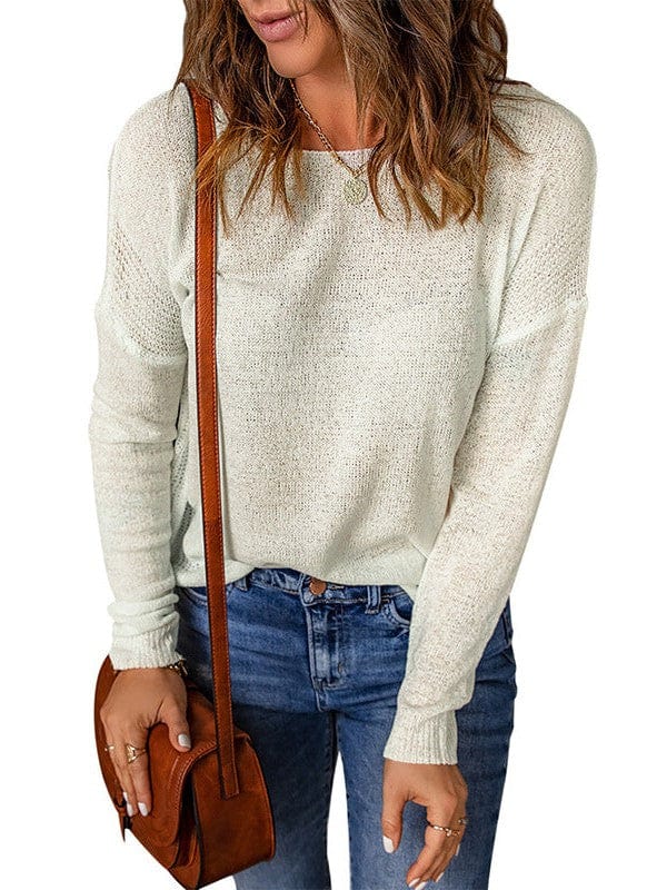 Round Neck Solid Color Acrylic Pullover Sweater With Long Sleeves For Women