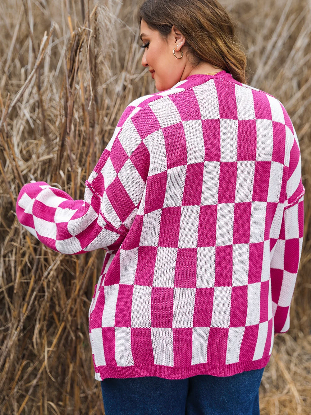 Bonbon Checkered Pattern Open Front Plus Size Cardigan