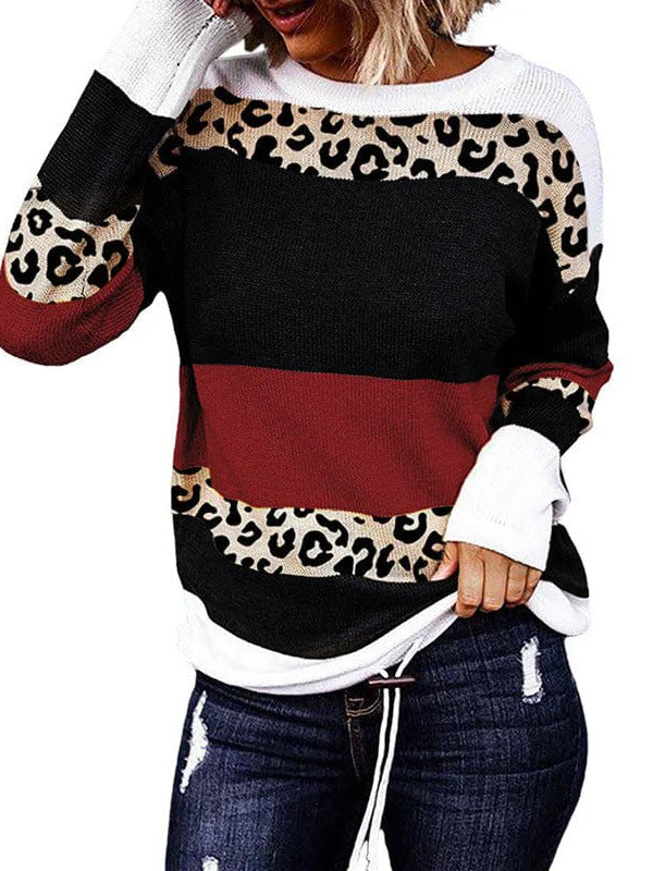 Leopard Print Round Neck Sweater In Loose Fit And Long Sleeves With Striped Detail For Women