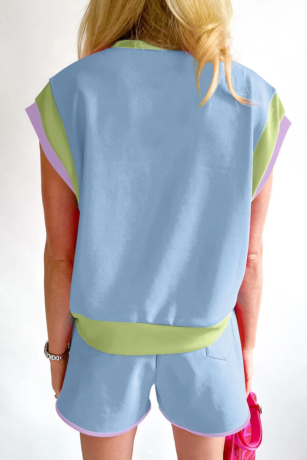 Blue Colorblock Cap Sleeve Tee and Shorts Set