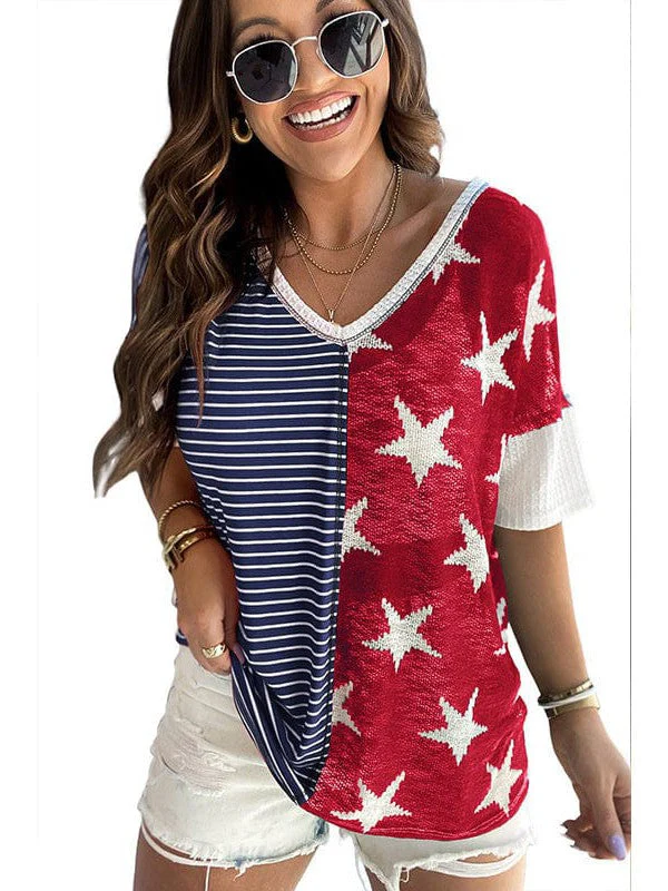 Casual V-Neck Striped Knit Top With Star Print And Short Sleeves