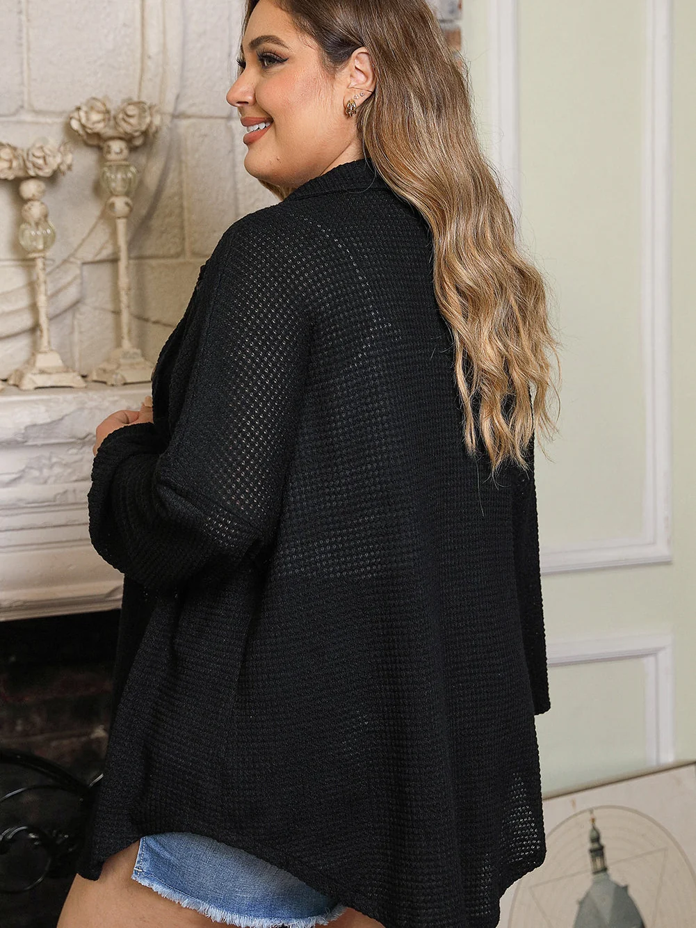 Black Plus Size Chest Pocket Waffle Knit Shirt