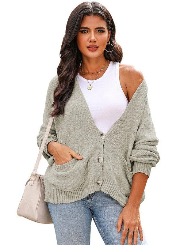 Ladies Knit Long Sleeve Cardigan And Sweater In Solid Color