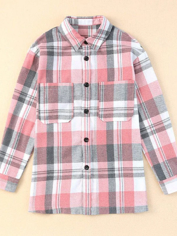 Pink Plaid Women'S Cardigan Style Loose Top With Long Sleeves