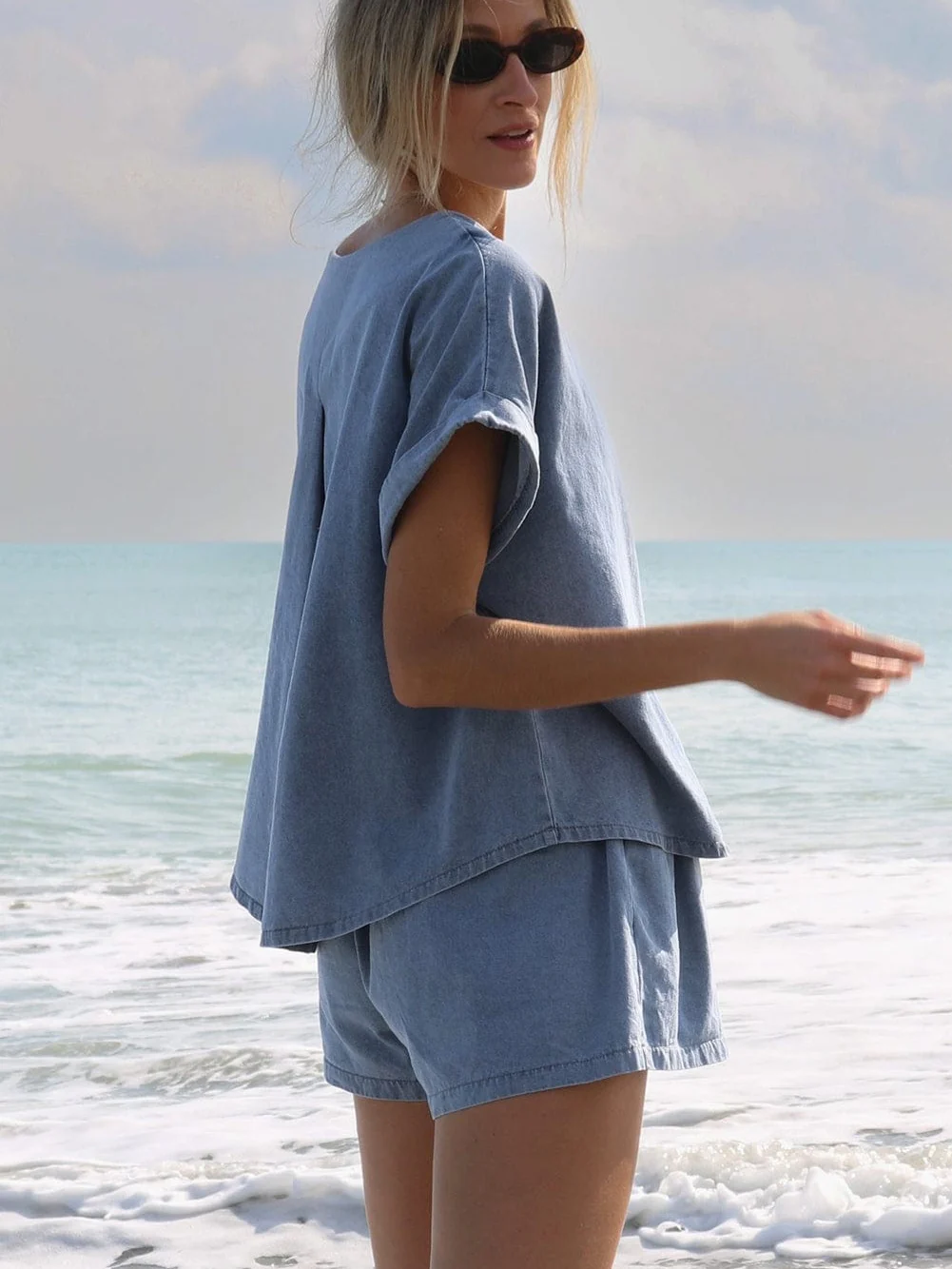 Light Blue Denim Elastic Waistband Shorts Set with Cuffed Sleeve Tee