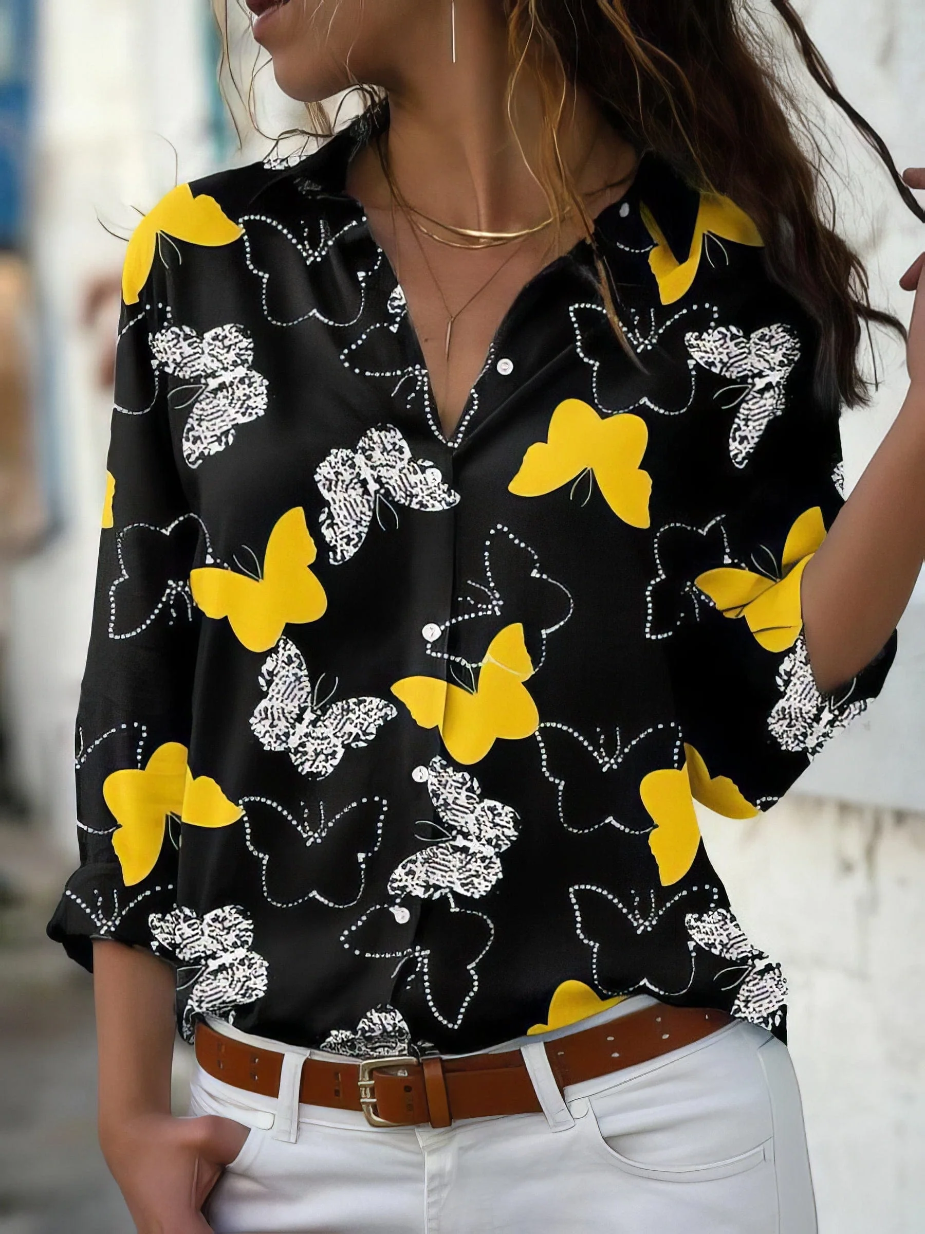 Butterfly Print Button Long Sleeve Blouse