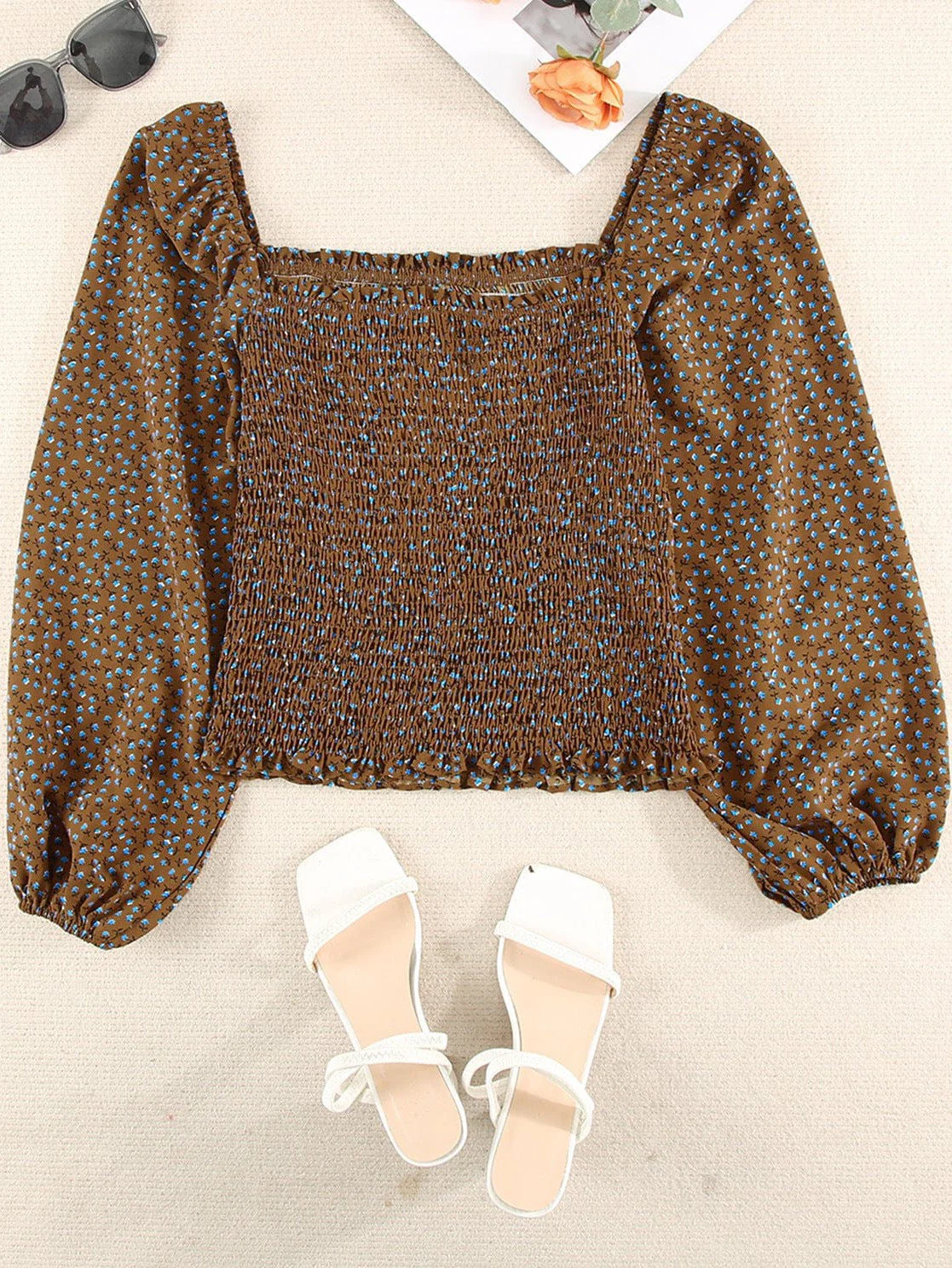 Square Neck Pullover Women'S Lantern Sleeve Top With Waist Slimming Design