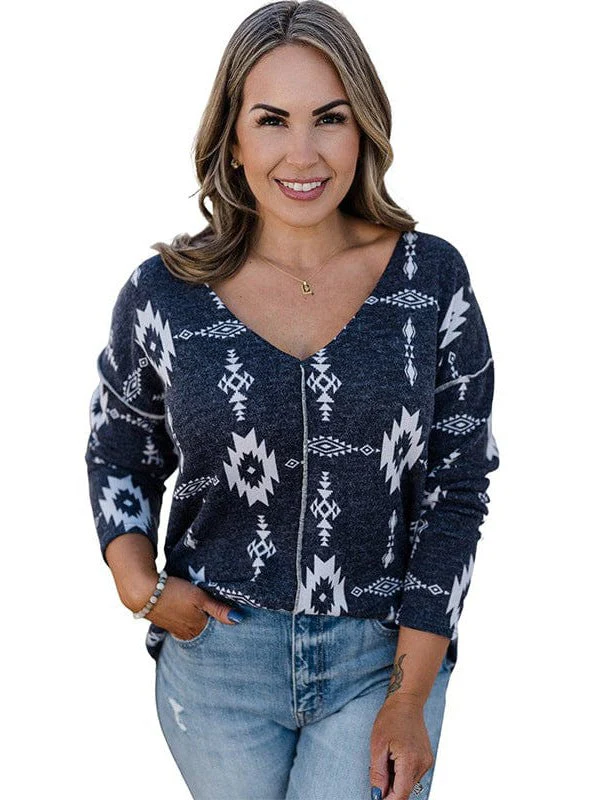 Printed Slim V-Neck Buttoned Long Sleeve Blouse