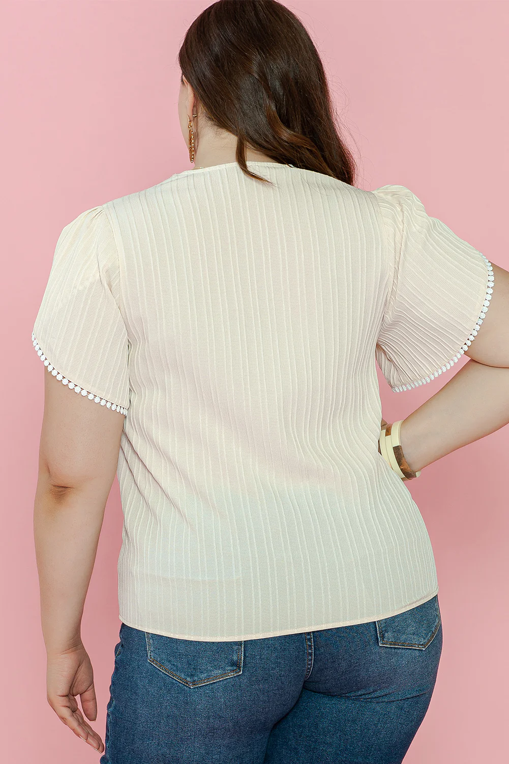 Elegant Beige Lace Detail Petal Sleeve Plus Size Blouse