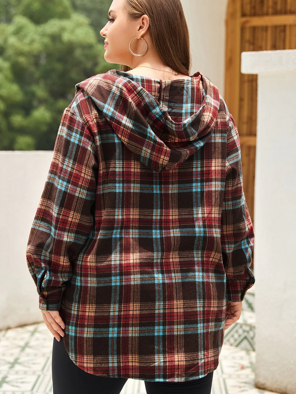 Fiery Red Plus Size Plaid Kangaroo Pocket Drawstring Hoodie
