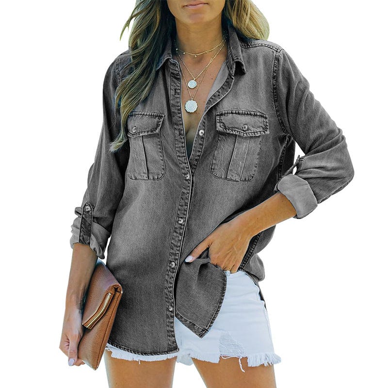 Short Sleeve Pocket Straight Denim Blouses - French - Drop Shoulder - Halter - V-Neck - Closed