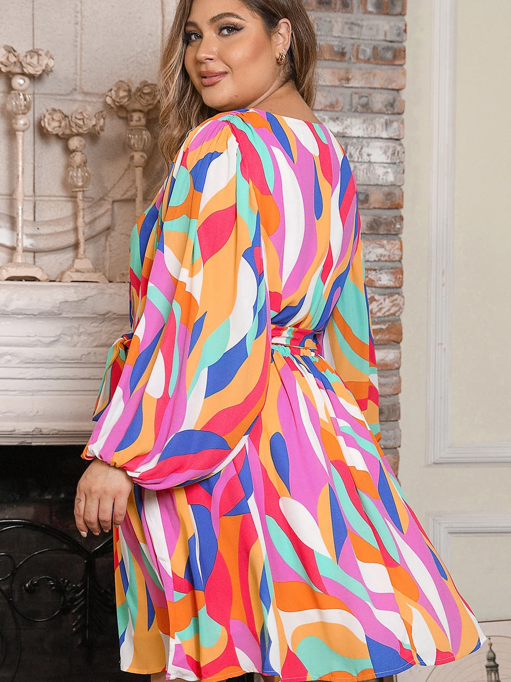 Vibrant Multicolor Abstract Print Plus Size Belted Shift Dress